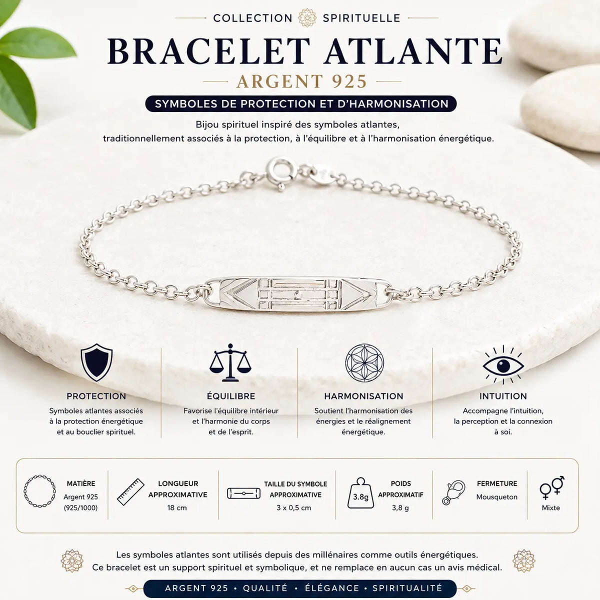 Bracelet Atlante en argent 925 avec symboles gravés longueur 18 cm