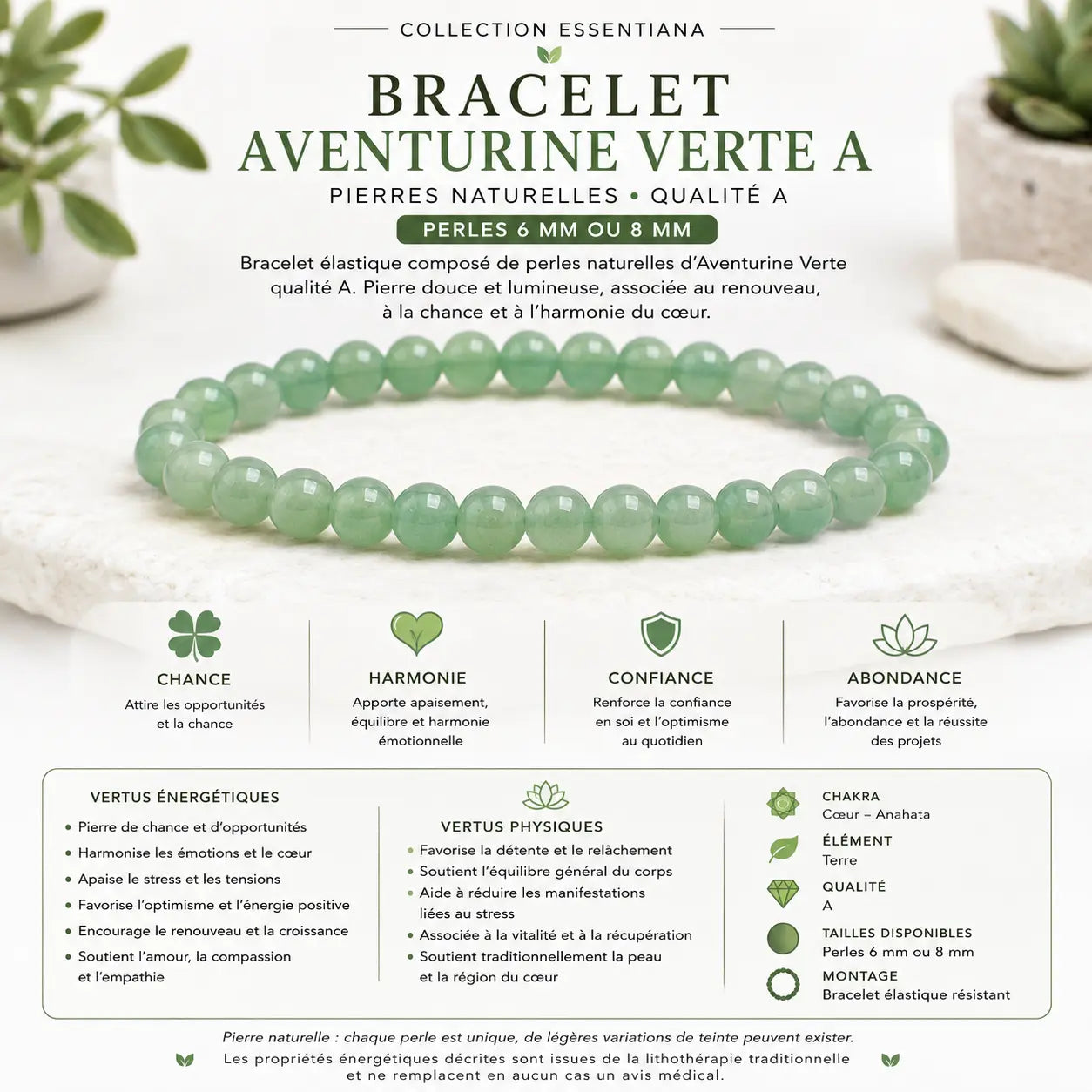 Bracelet Aventurine Verte A – vertus énergétiques, chakra du cœur, chance, harmonie et abondance