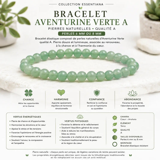Bracelet Aventurine Verte A – vertus énergétiques, chakra du cœur, chance, harmonie et abondance