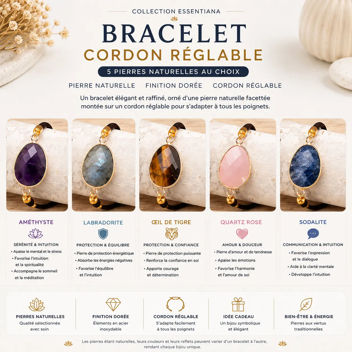 Bracelet cordon réglable avec pierre naturelle Améthyste facettée et finition dorée