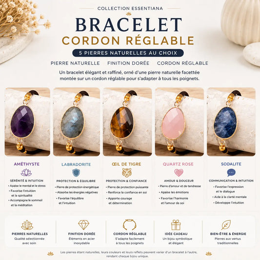 Bracelet cordon réglable avec pierre naturelle Améthyste facettée et finition dorée