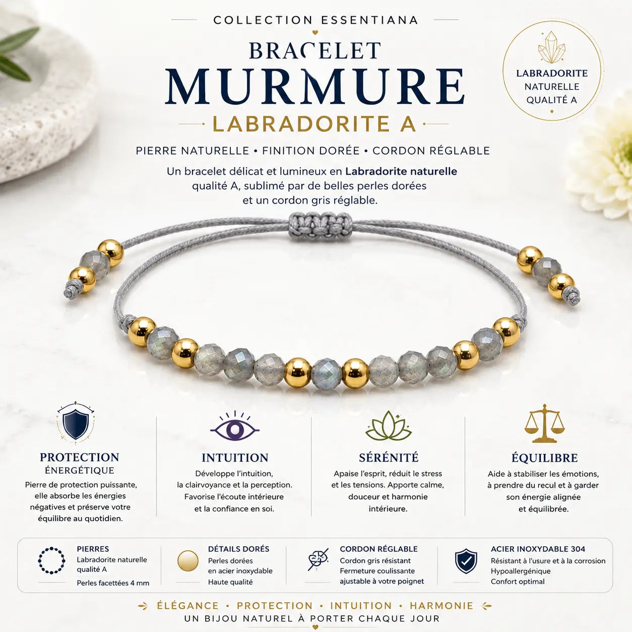 Bracelet Murmure Labradorite qualité A facettée avec perles dorées et cordon gris réglable