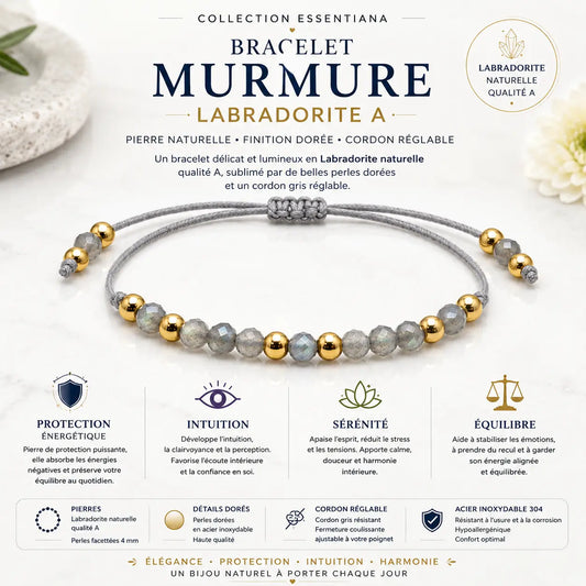 Bracelet Murmure Labradorite qualité A facettée avec perles dorées et cordon gris réglable