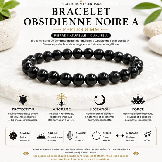 Bracelet Obsidienne Noire naturelle qualité A en perles rondes 8 mm