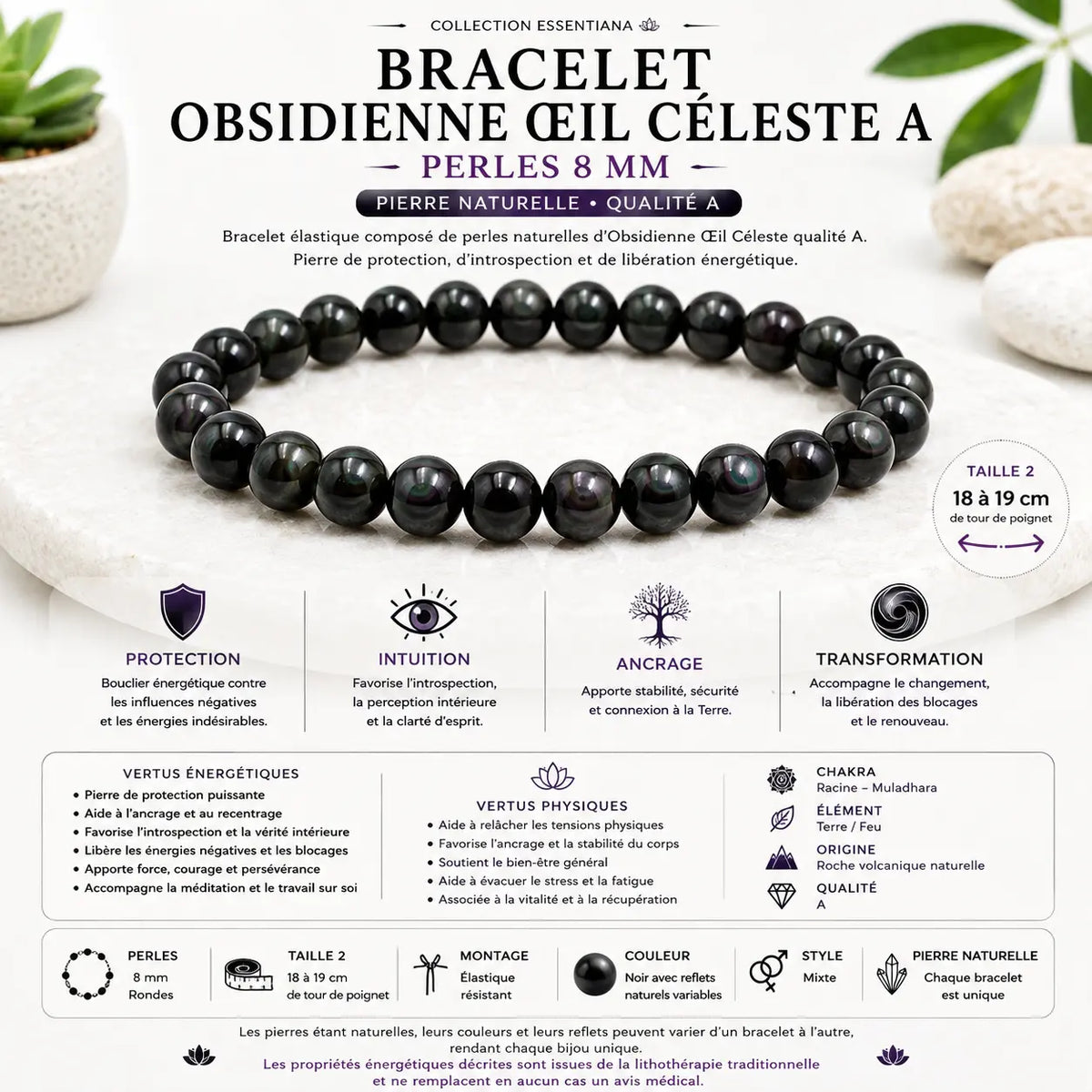 Bracelet Obsidienne Œil Céleste naturelle qualité A en perles rondes 8 mm