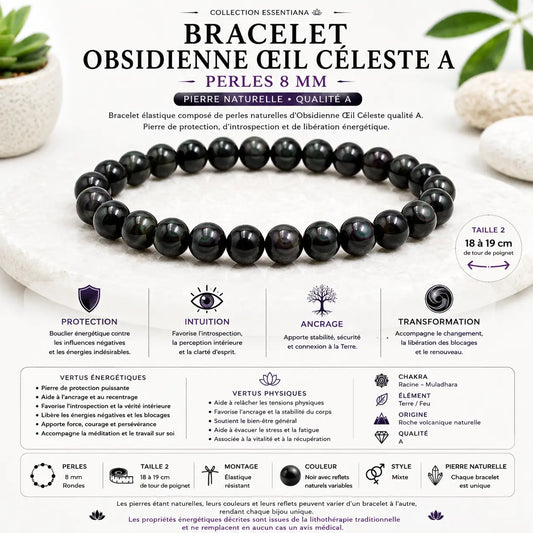 Bracelet Obsidienne Œil Céleste naturelle qualité A en perles rondes 8 mm