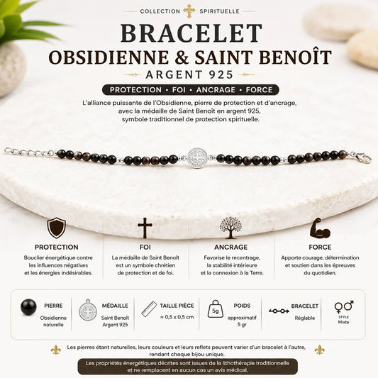 Bracelet réglable Obsidienne avec médaille Saint Benoît en argent 925