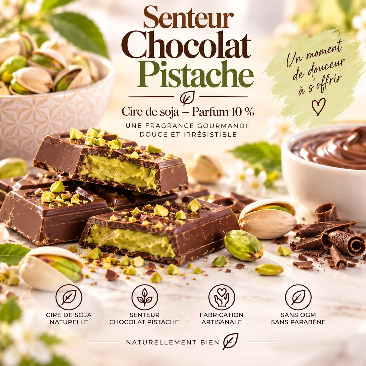 Fondant parfumé Chocolat Pistache en cire de soja – senteur gourmande chocolat et pistache pour brûle-parfum – La Casa del José