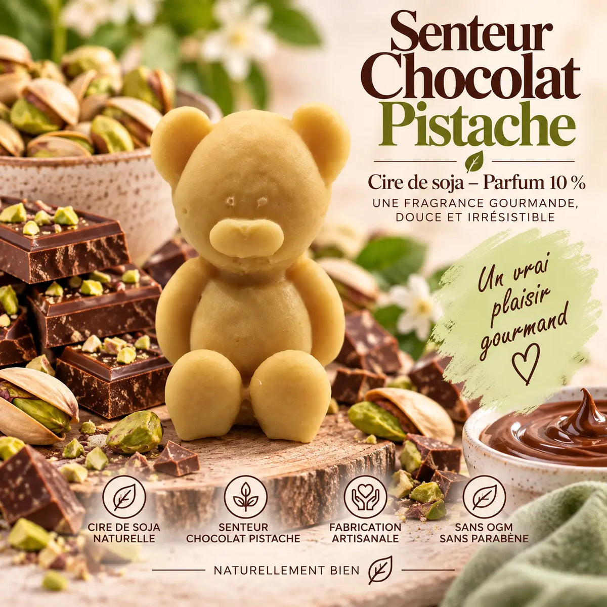 Fondant parfumé Chocolat Pistache en cire de soja – senteur gourmande chocolat et pistache pour brûle-parfum – La Casa del José