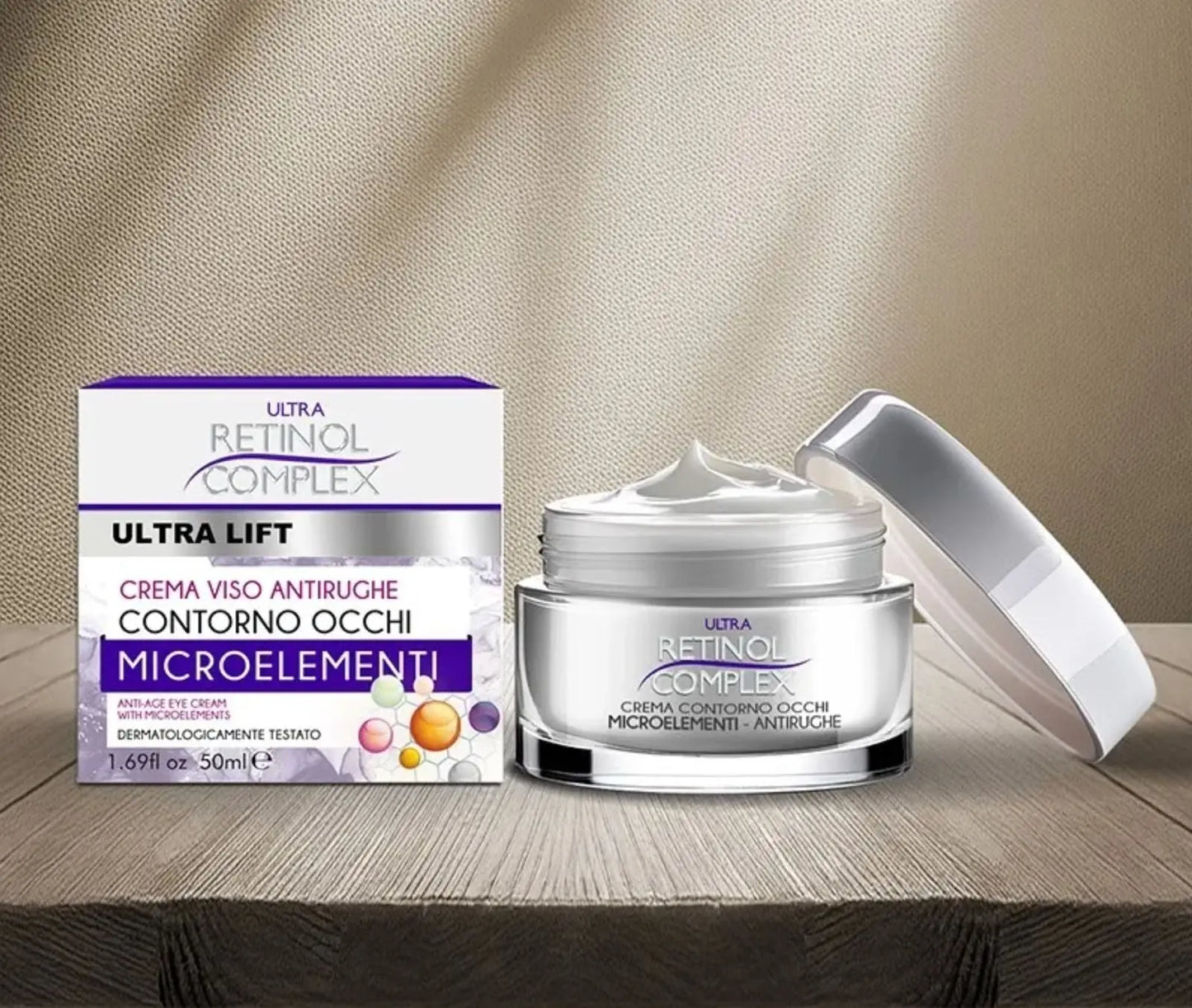 Crème Contour des Yeux – microélément, Hydratation & Fermeté, 50 ml, pot ouvert et boîte