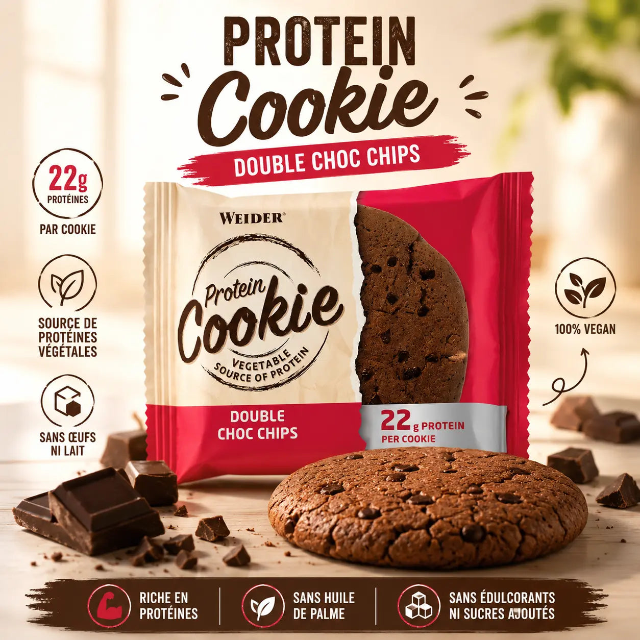 Cookie protéiné végétalien Weider Double Choco, 22 g de protéines de blé, sans œuf, sans lait et sans huile de palme