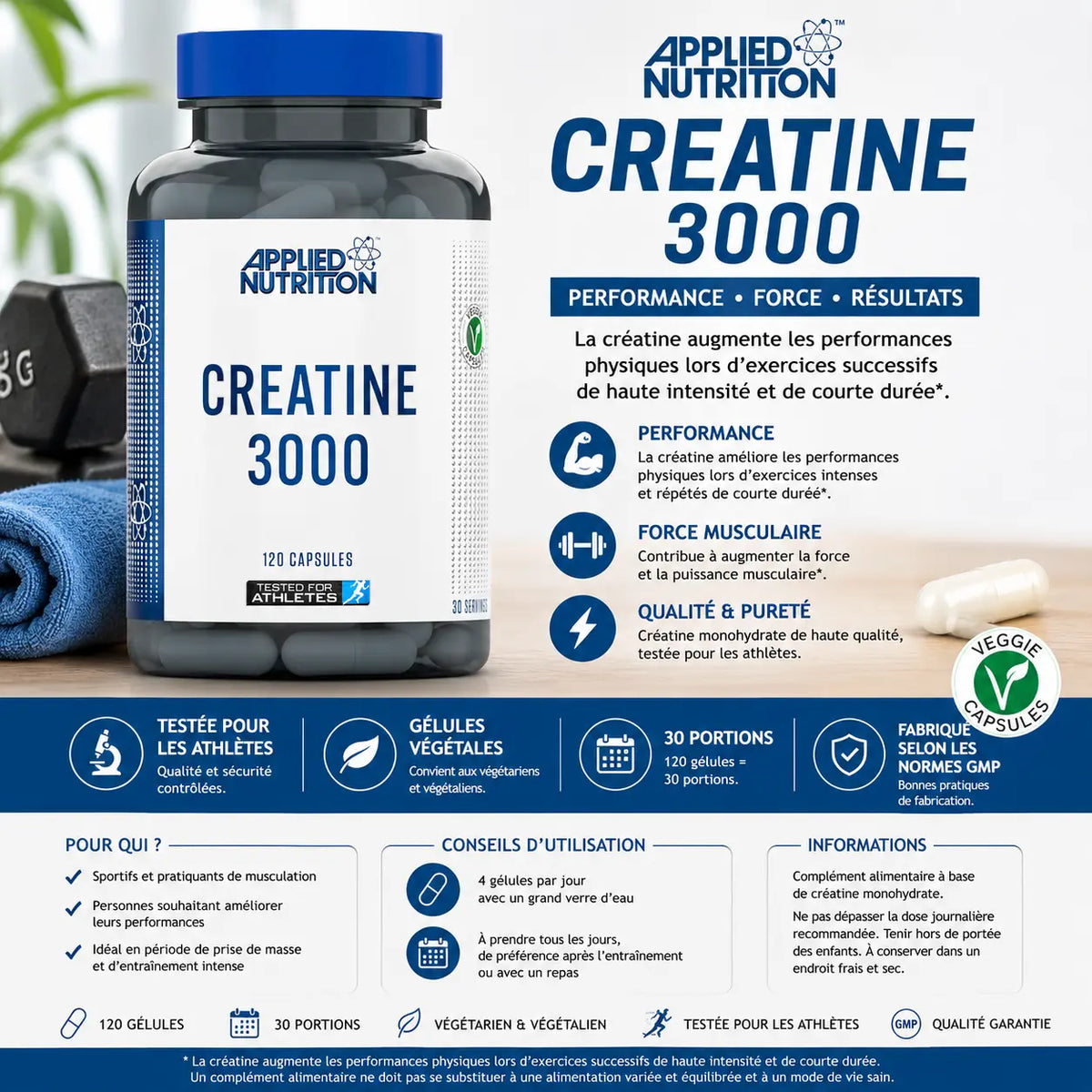 Creatine 3000 Applied Nutrition créatine monohydrate 120 gélules pour musculation et performances sportives