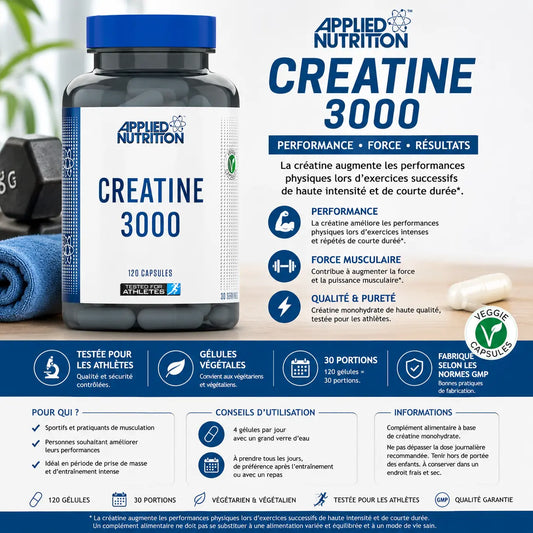 Creatine 3000 Applied Nutrition créatine monohydrate 120 gélules pour musculation et performances sportives