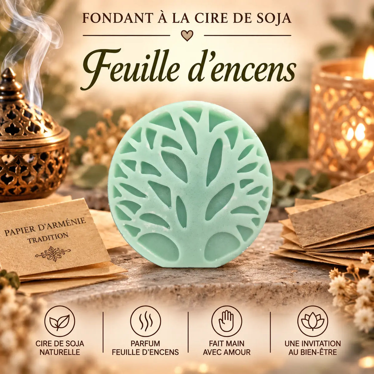 Fondants parfumés Feuille d’Encens en cire de soja artisanaux plusieurs modèles