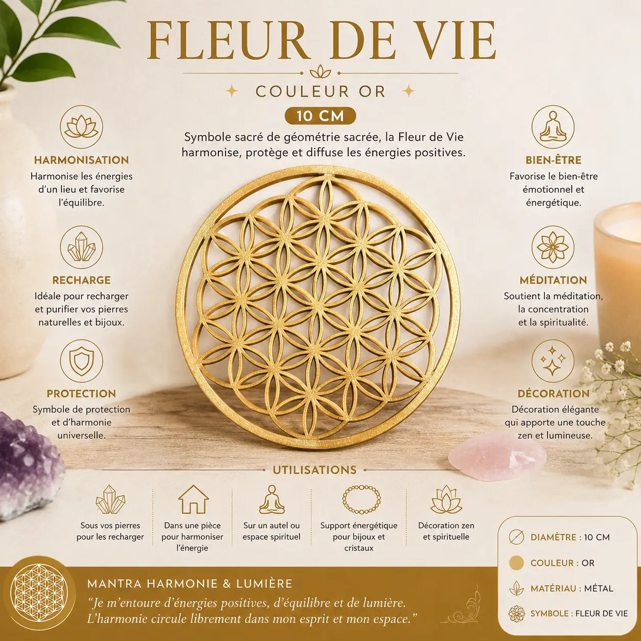 fleur de vie 10cm harmonise et protège