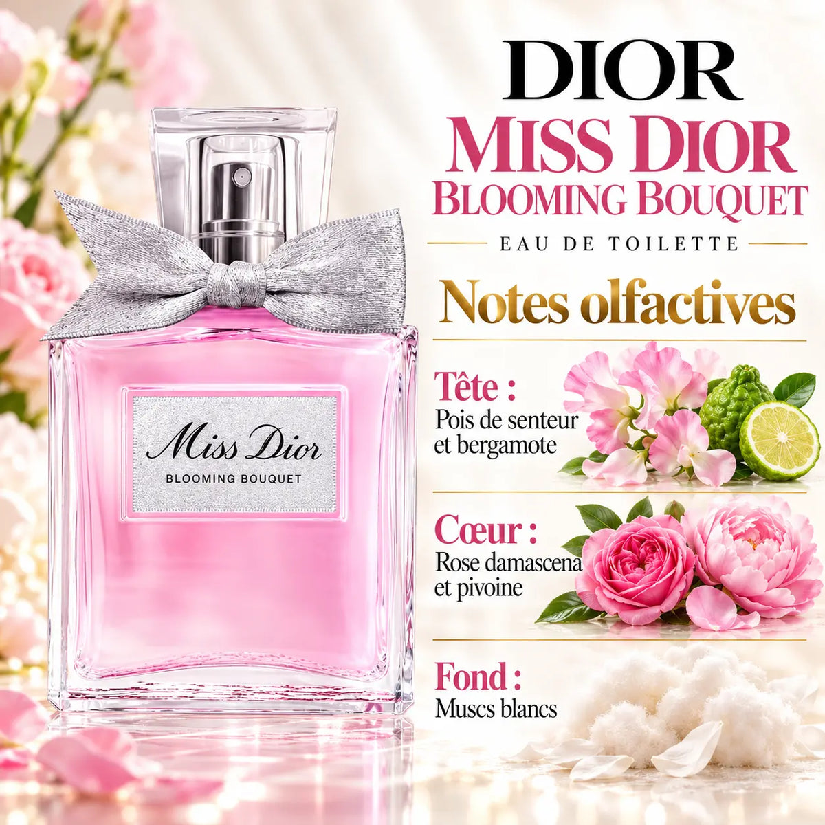 Dior Miss Dior Blooming Bouquet Eau de Toilette Femme 100 ml, flacon rose avec nœud, notes de pois de senteur, bergamote, rose, pivoine et muscs blancs.