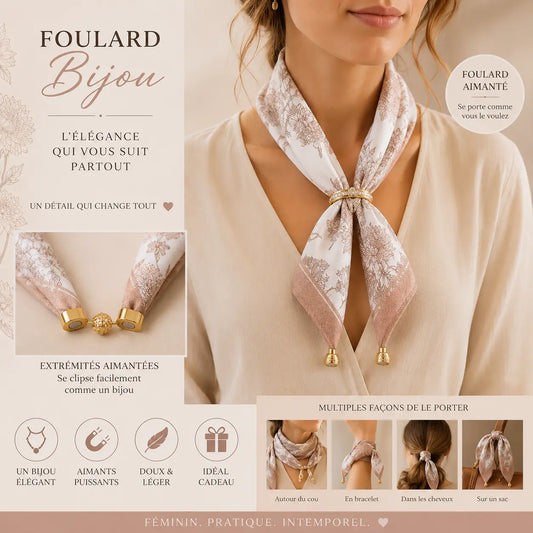 Foulard bijou aimanté femme beige et rose avec motifs floraux, extrémités magnétiques dorées, accessoire de mode élégant et pratique à porter autour du cou ou en bracelet