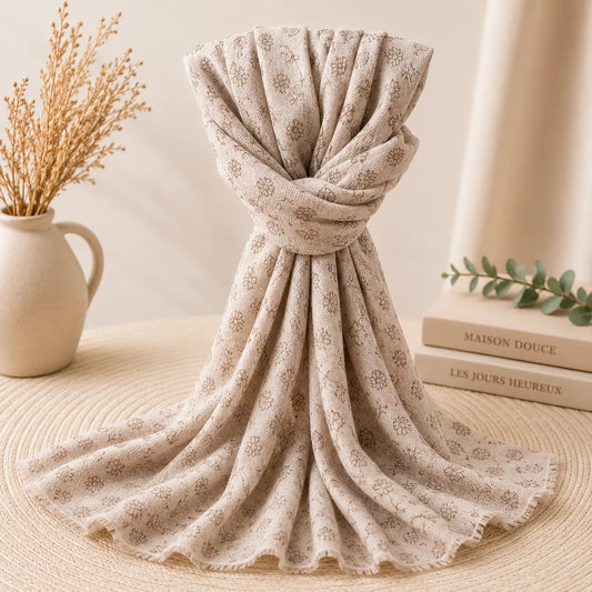 Foulard femme beige à petites fleurs en viscose légère 70x180 cm, accessoire de mode chic et bohème, doux et élégant pour toutes les saisons