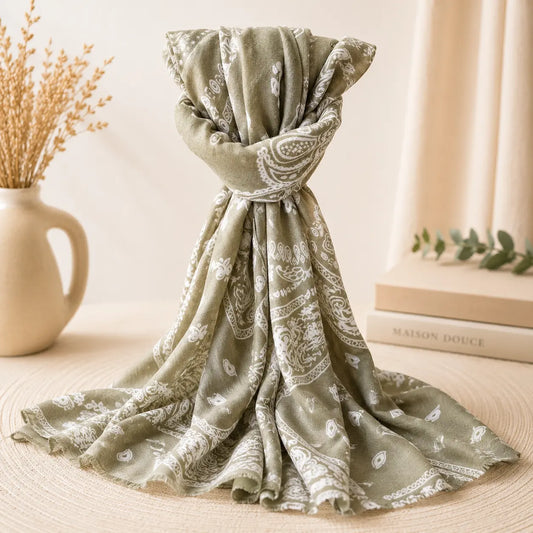 Foulard femme vert bandana 85x180 cm en viscose et polyester, grand châle léger avec motif cachemire élégant, accessoire de mode chic et bohème pour femme