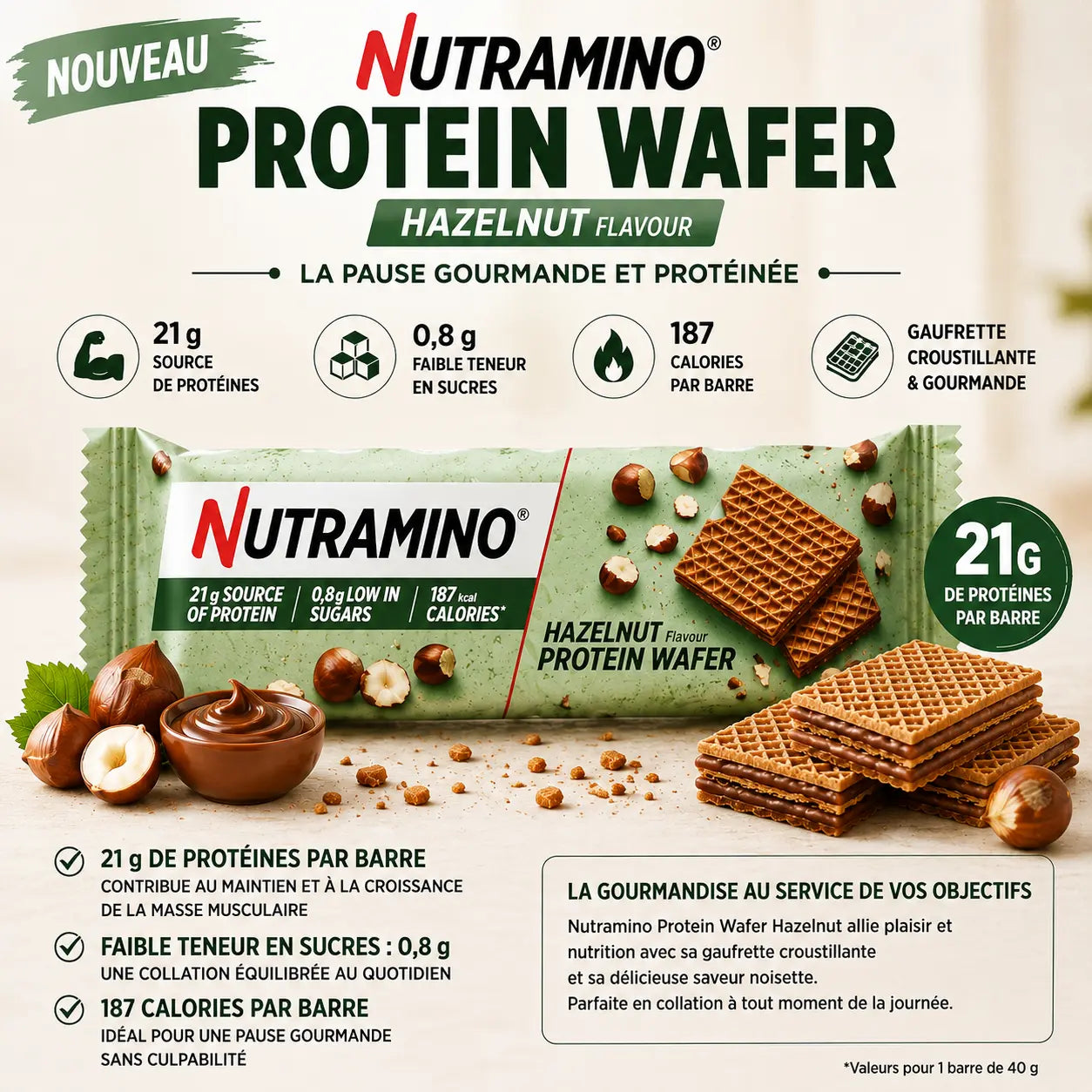 Nutramino Protein Wafer Noisette 40 g, gaufrette protéinée croustillante avec 21 g de protéines