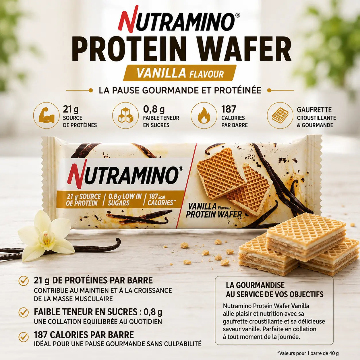 Nutramino Protein Wafer Vanille 40 g, gaufrette protéinée croustillante avec 21 g de protéines