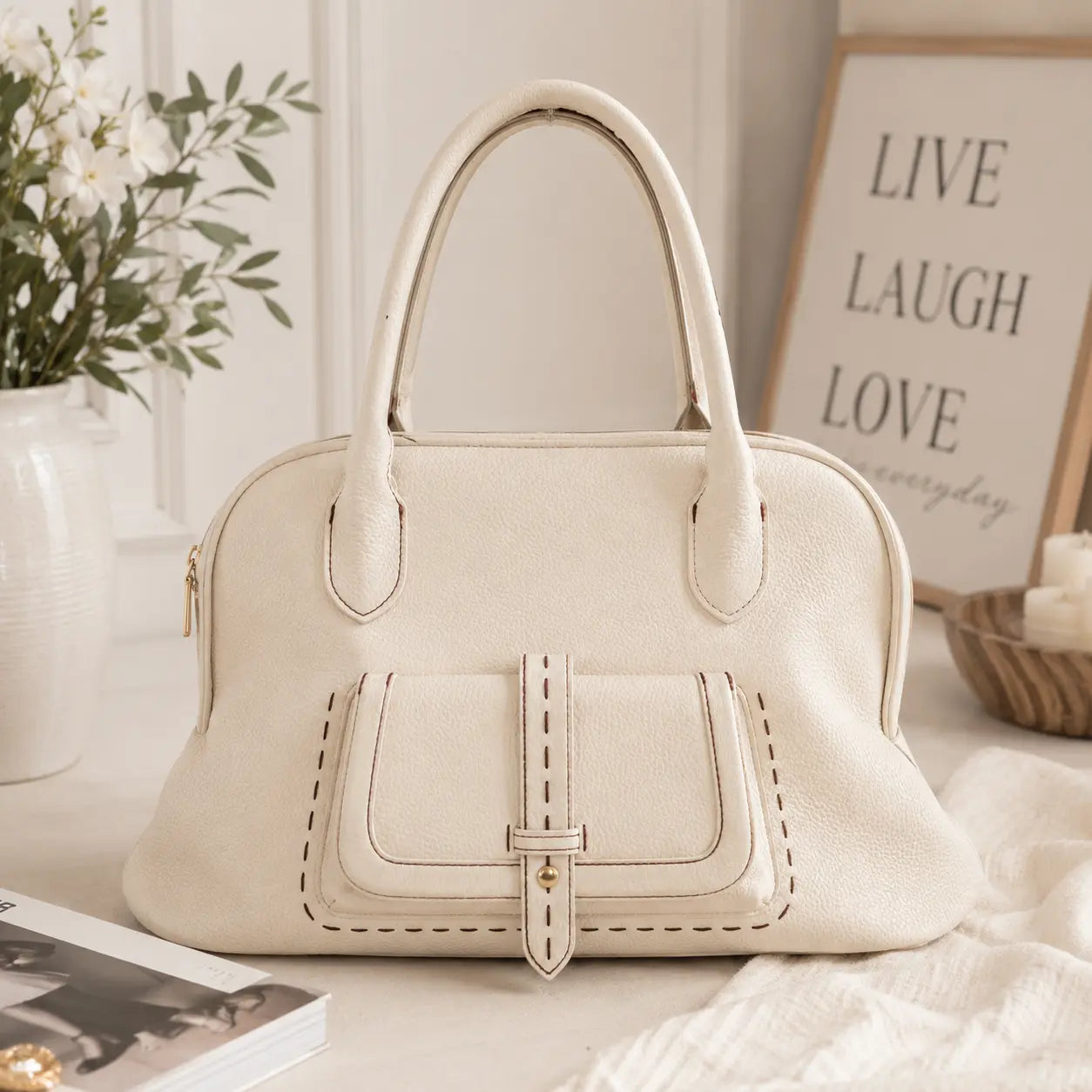 Grand sac à main femme crème en simili cuir grainé avec poche avant à pression, intérieur rose et fermeture zippée, élégant et pratique pour le quotidien.