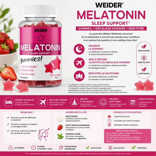 Gummies mélatonine Weider goût fraise pour endormissement et décalage horaire