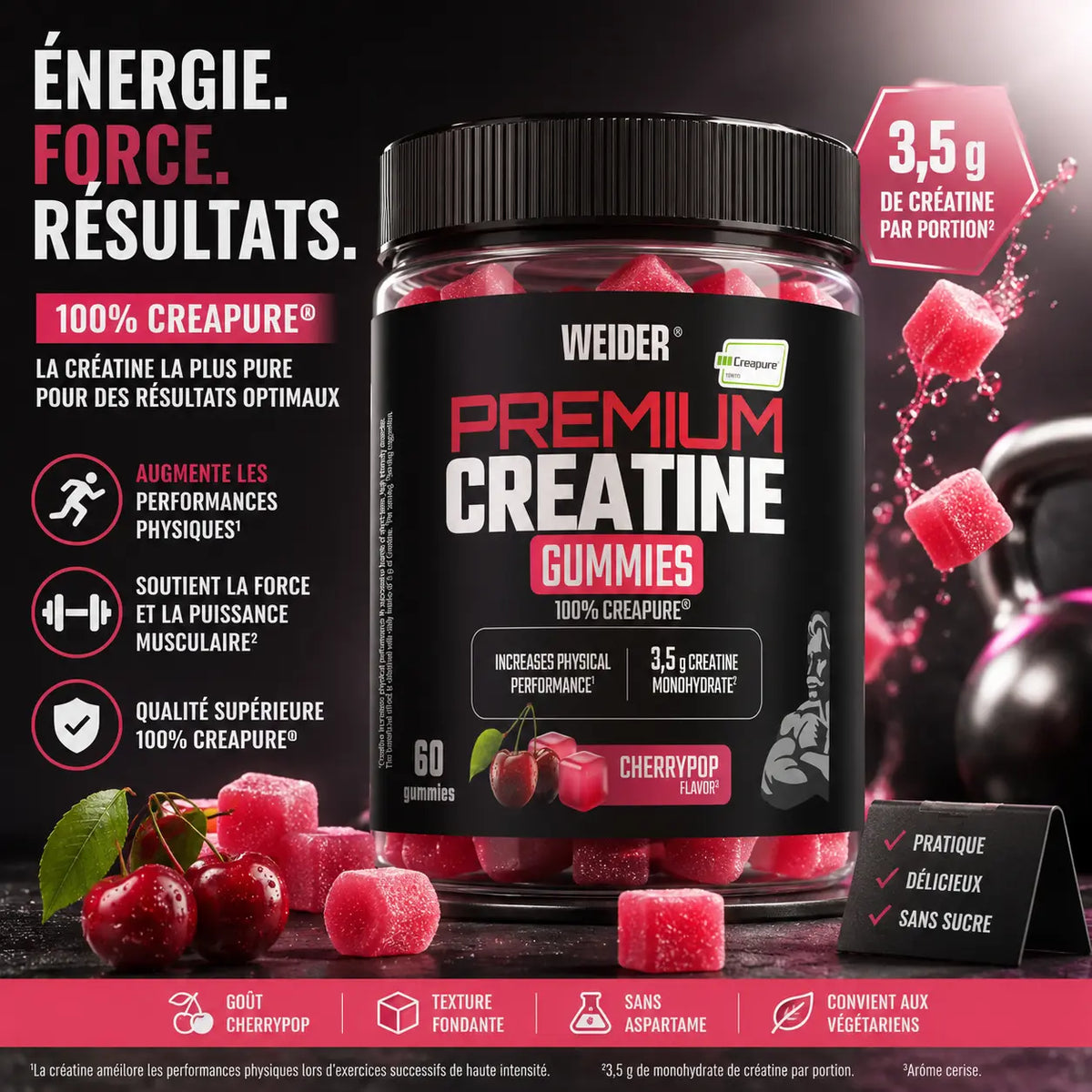 Weider Premium Creatine Gummies – créatine monohydrate Creapure® en gummies saveur cerise, 60 pièces weider