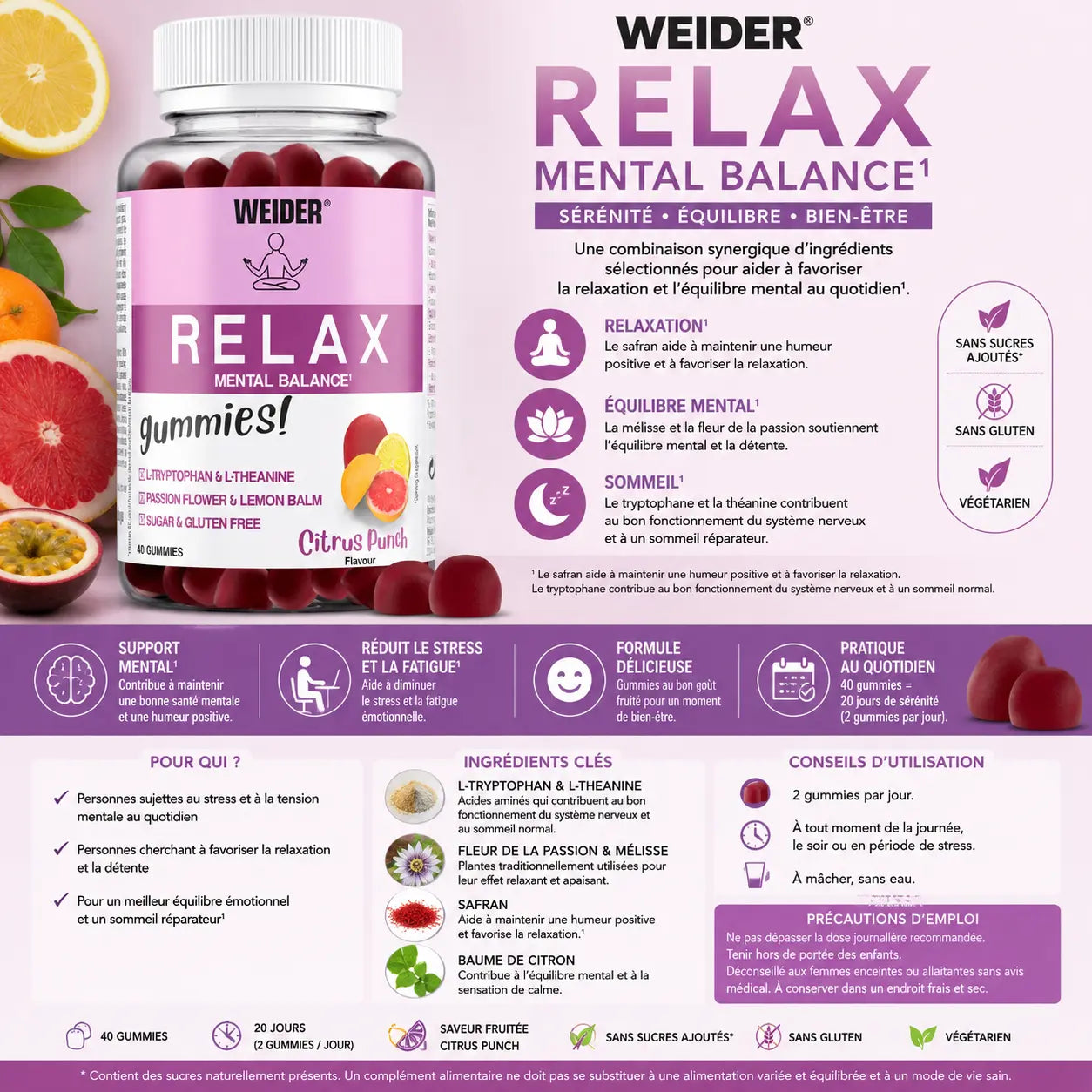 Weider Relax Gummies complément alimentaire relaxation et équilibre mental 40 gummies Citrus Punch