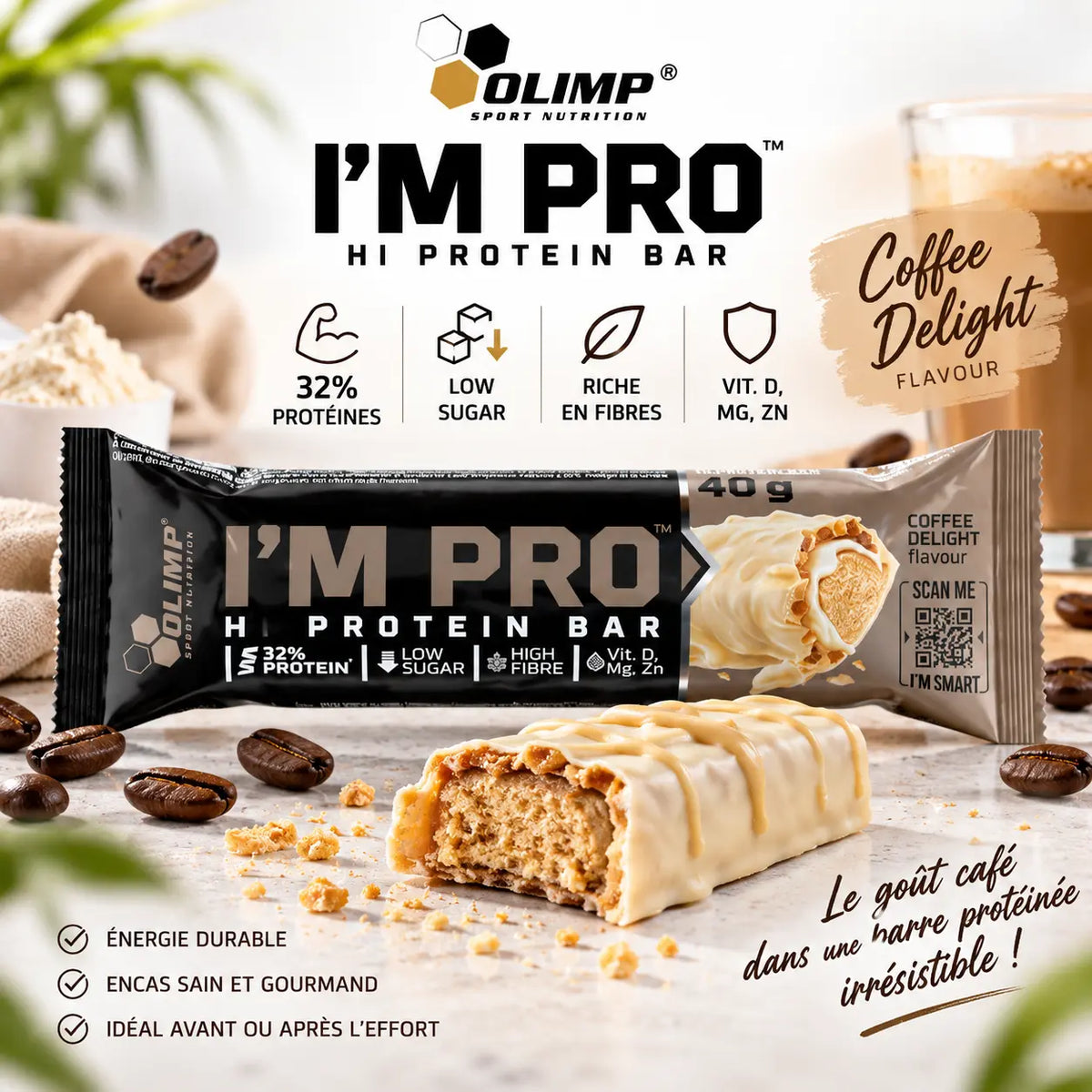 Olimp I'M PRO Protein Bar Coffee Delight 40 g barre protéinée goût café 13 g de protéines