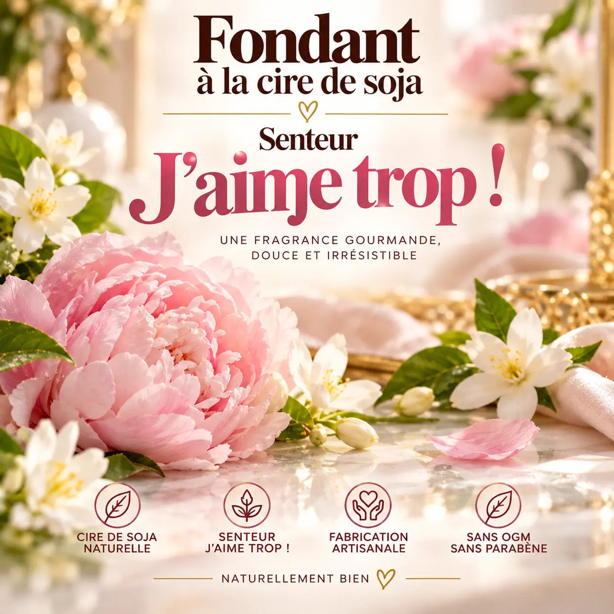 Fondant parfumé J’aime trop ! en cire de soja – senteur florale et fruitée aux fleurs blanches – La Casa del José
