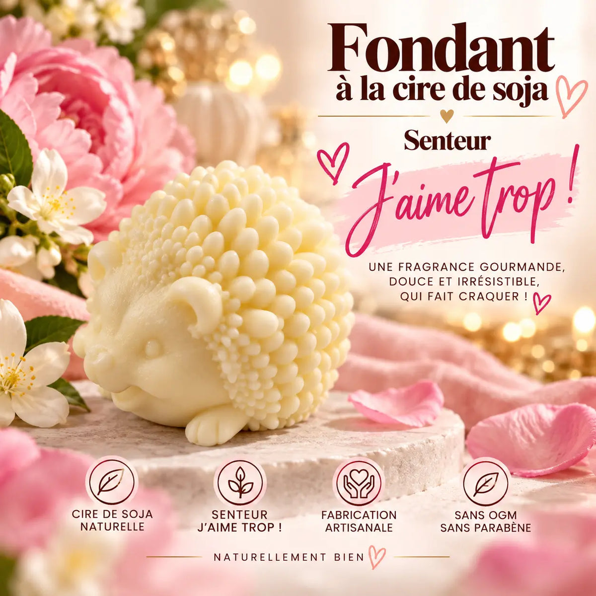Fondant parfumé J’aime trop ! en cire de soja – senteur florale et fruitée aux fleurs blanches – La Casa del José