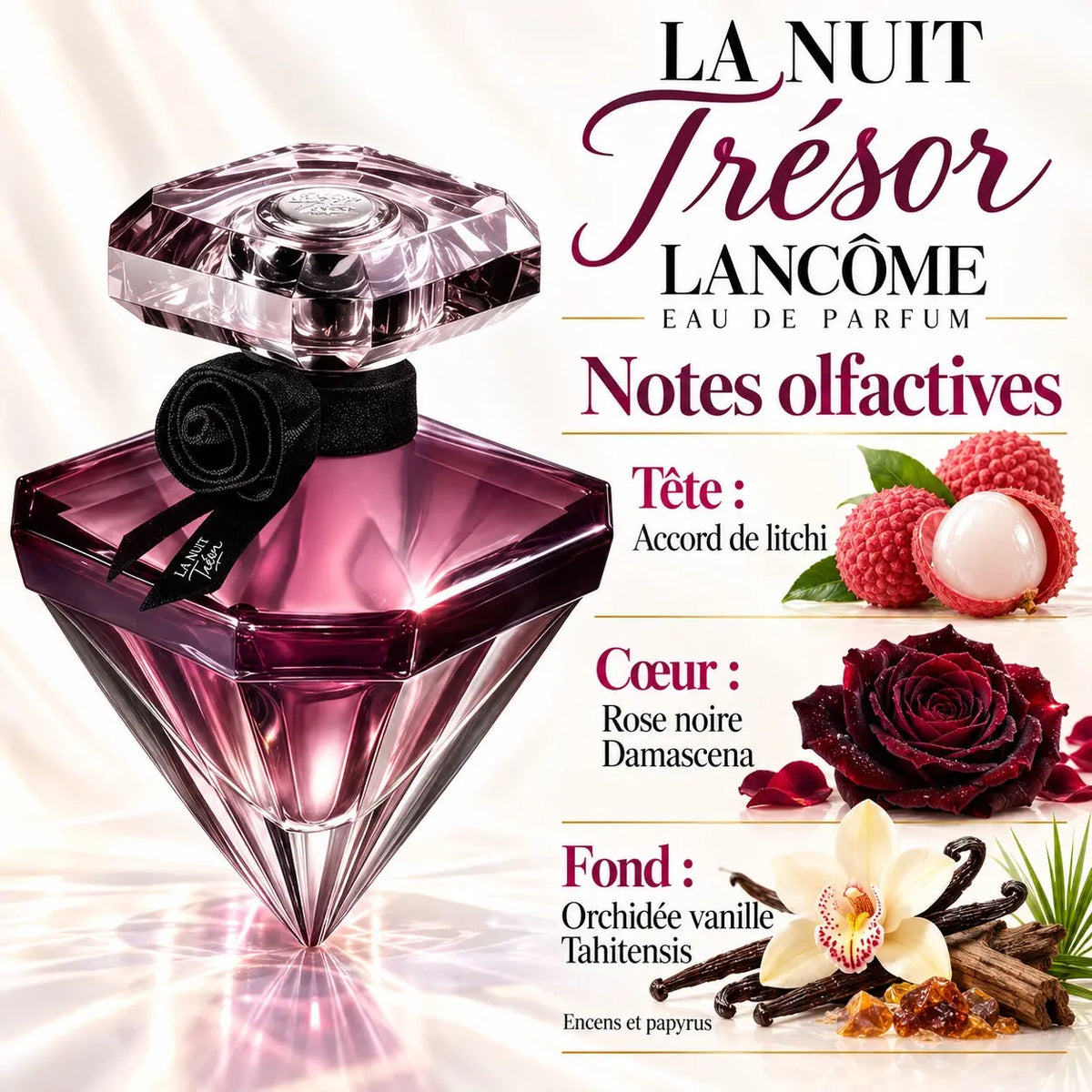 Lancôme La Nuit Trésor à la Folie Eau de Parfum Femme 75 ml, flacon diamant rouge rubis, parfum rose et vanille Bourbon