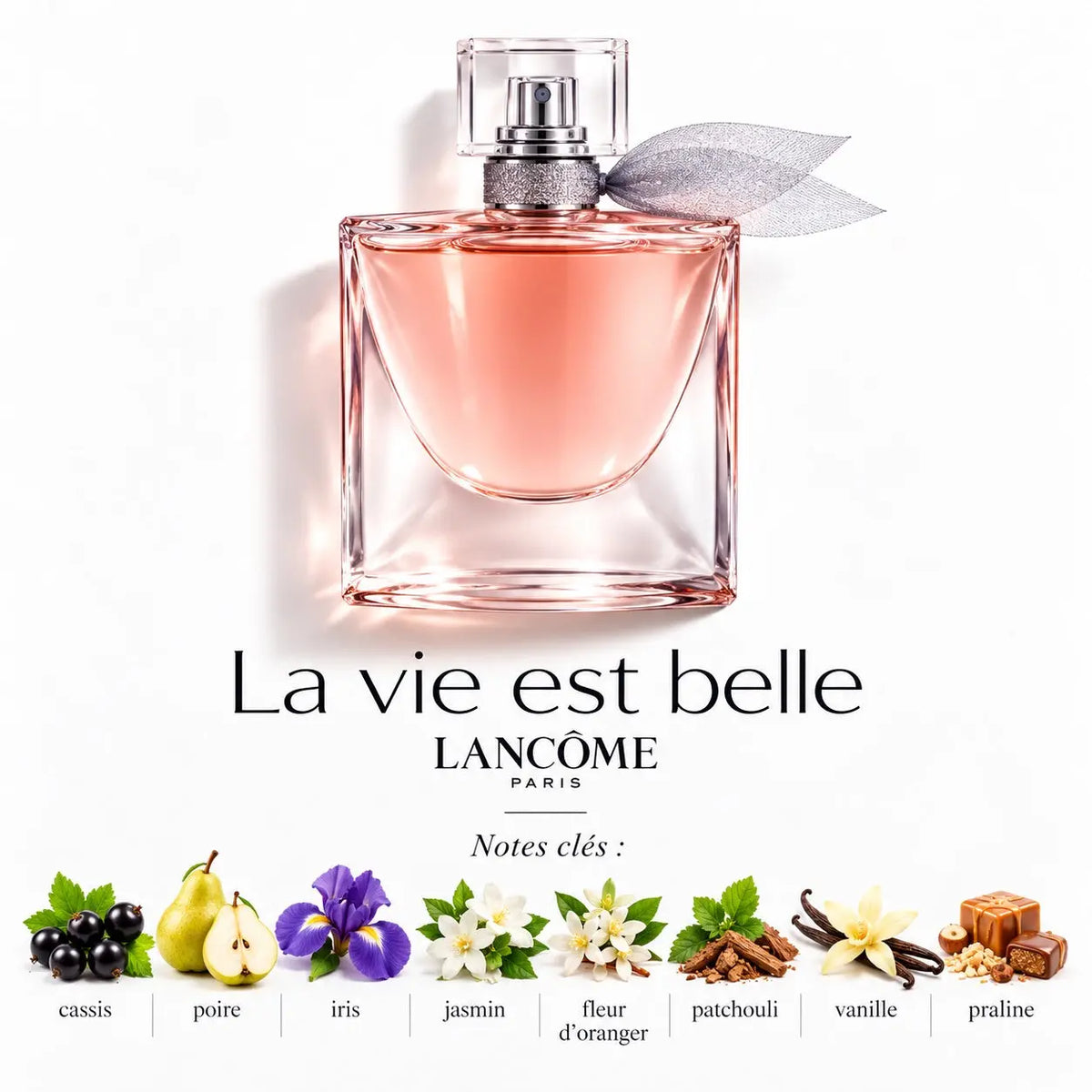 Lancôme La Vie Est Belle Eau de Parfum Femme 75 ml, flacon rosé avec ruban, notes de cassis, poire, iris, jasmin, fleur d'oranger, patchouli, vanille et praline