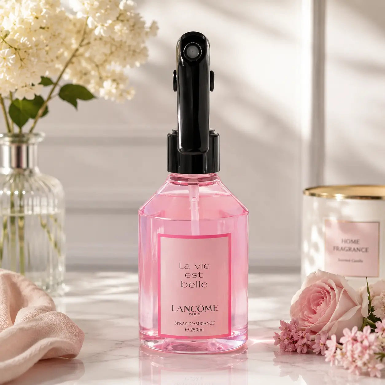 Spray ambiant 250 ml floral gourmand aux notes de poire, cassis, iris, jasmin, vanille, praliné et patchouli pour parfumer élégamment votre intérieur.

