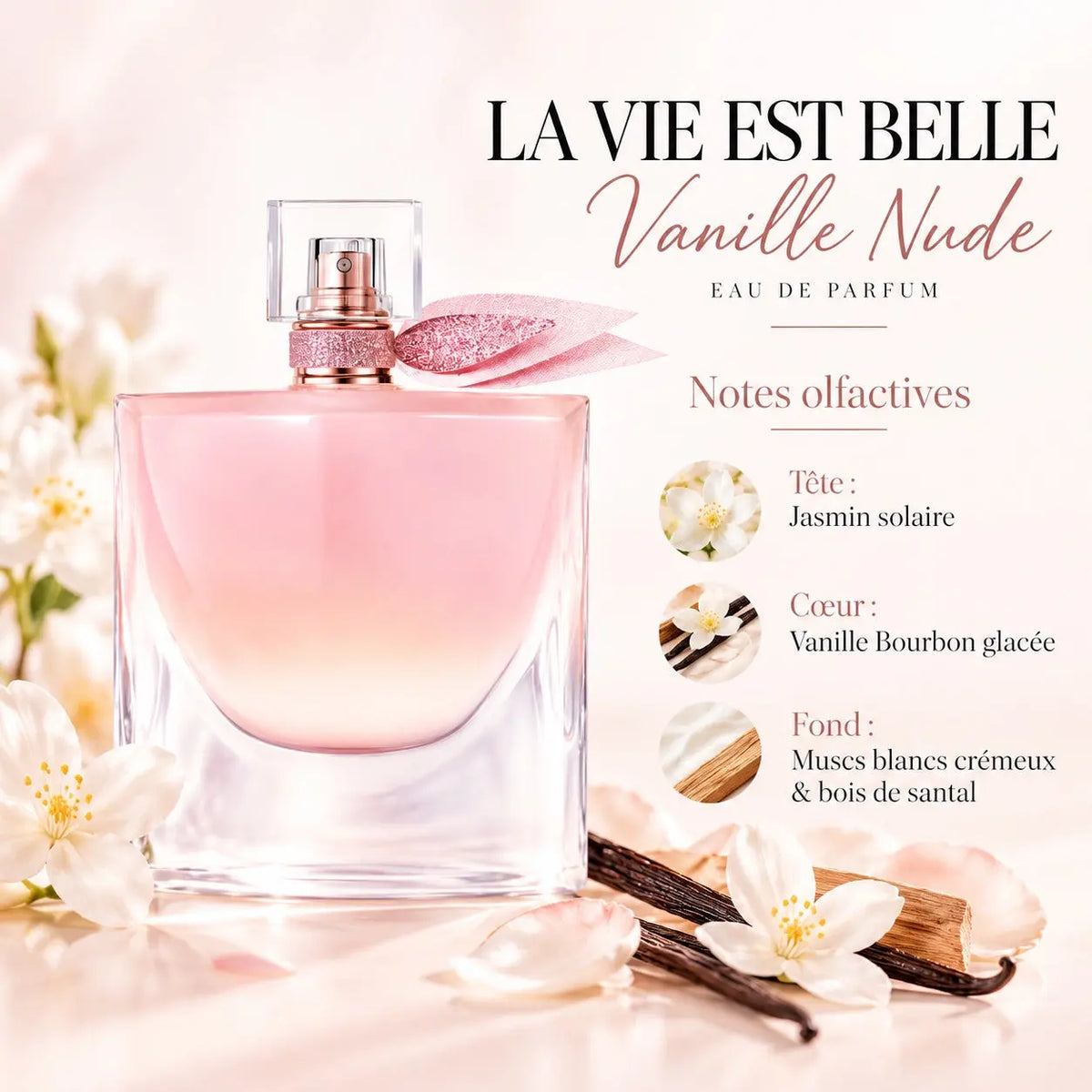 Lancôme La Vie Est Belle Vanille Nude Eau de Parfum Femme 75 ml, flacon rose, notes de jasmin solaire, vanille Bourbon et muscs blancs