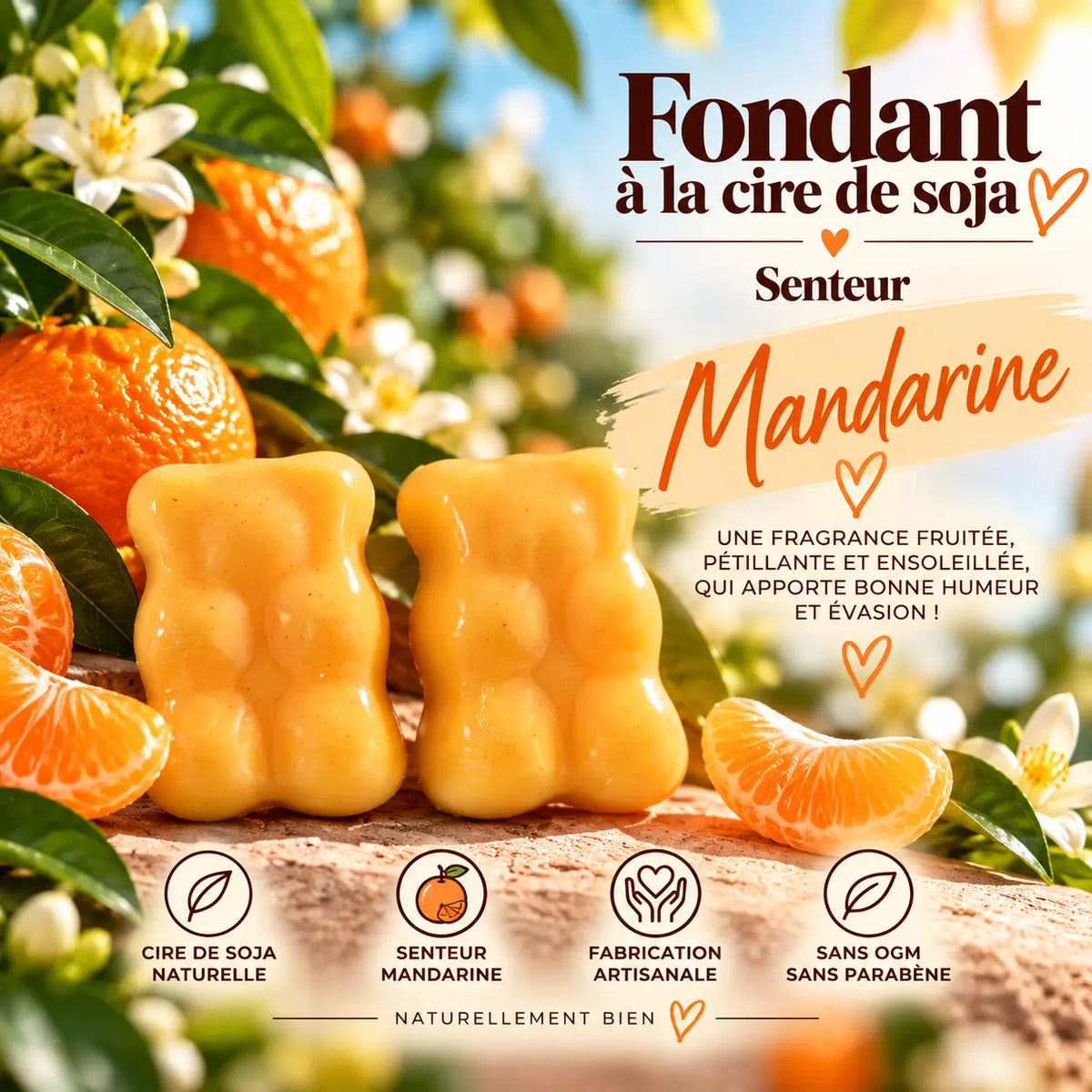 Fondant parfumé Mandarine en cire de soja – senteur fruitée fraîche et pétillante aux agrumes – La Casa del José