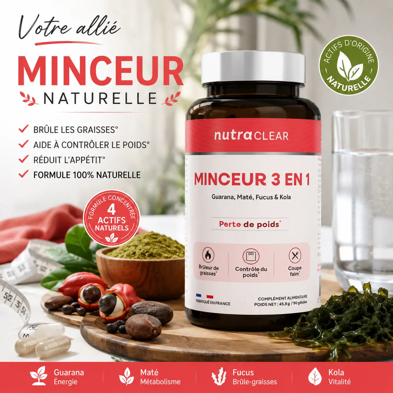 Flacon Minceur 3 En 1 Nutraclear, complément minceur triple action brûle-graisses, métabolisme et coupe-faim, 90 gélules