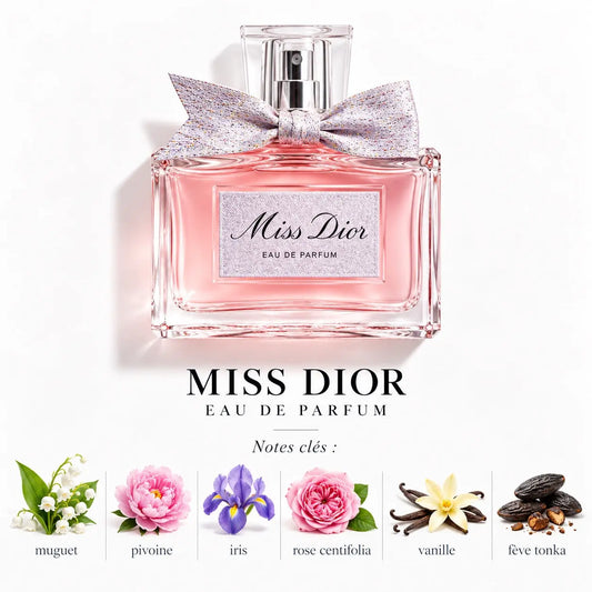 Dior Miss Dior Eau de Parfum Femme 100 ml, flacon rose avec nœud couture, notes de muguet, pivoine, iris, rose Centifolia, vanille et fève tonka