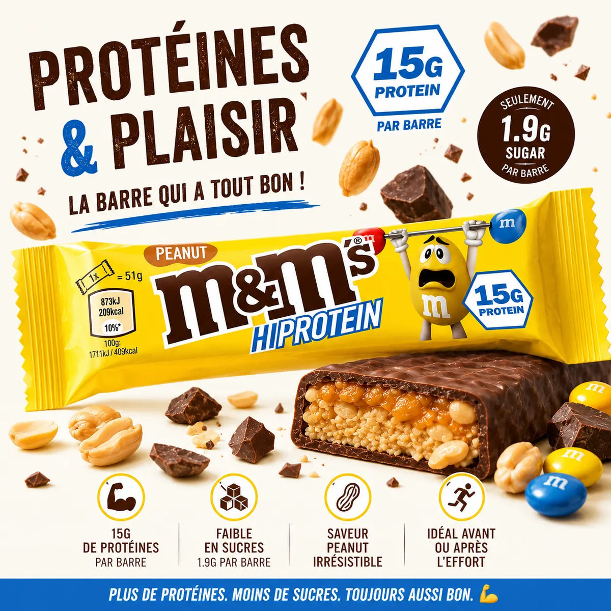 Barre protéinée M&M's Hi Protein Peanut 51 g avec 15 g de protéines et seulement 1,9 g de sucre, saveur cacahuète, idéale avant ou après le sport.