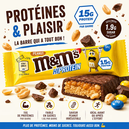 Barre protéinée M&M's Hi Protein Peanut 51 g avec 15 g de protéines et seulement 1,9 g de sucre, saveur cacahuète, idéale avant ou après le sport.