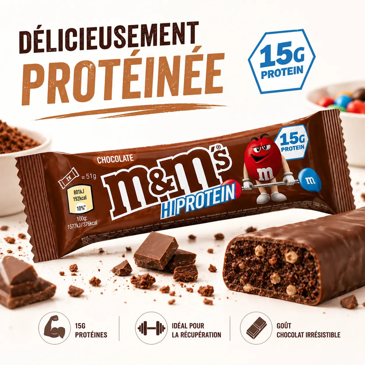 M&M’s Protein Bar 51 g – barre protéinée gourmande 15 g de protéines, chocolat m&ms