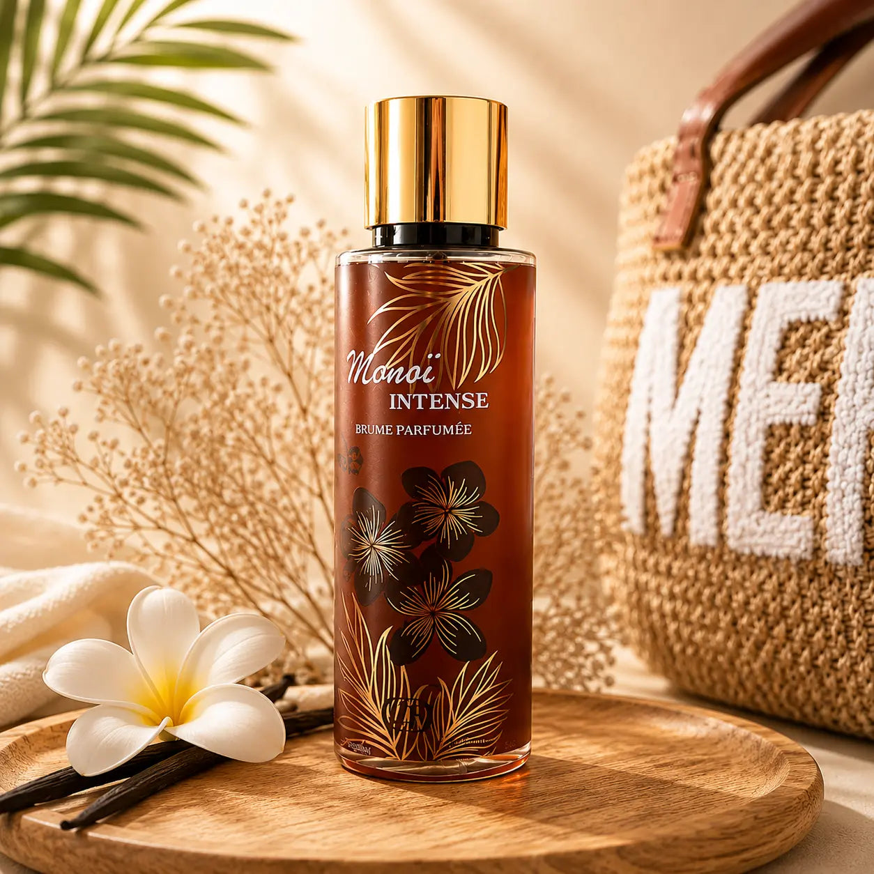Brume parfumée Monoï Intense pour le corps et les cheveux avec ambiance tropicale et fleurs exotiques.