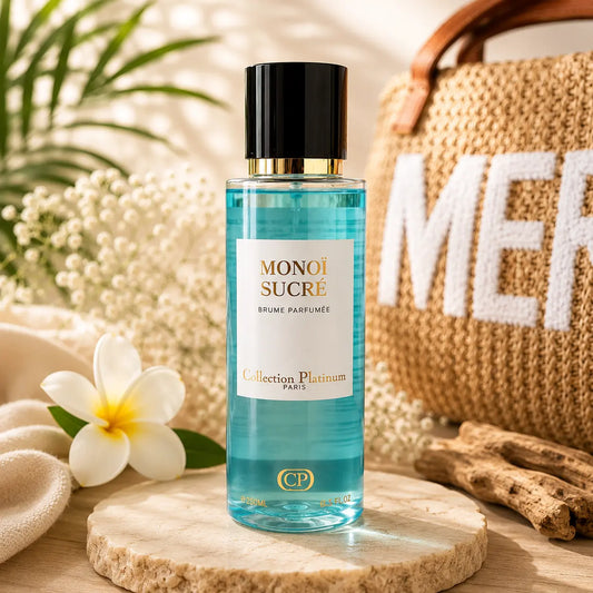 Brume parfumée Monoï Sucré corps et cheveux avec ambiance tropicale chic et fleurs exotiques.