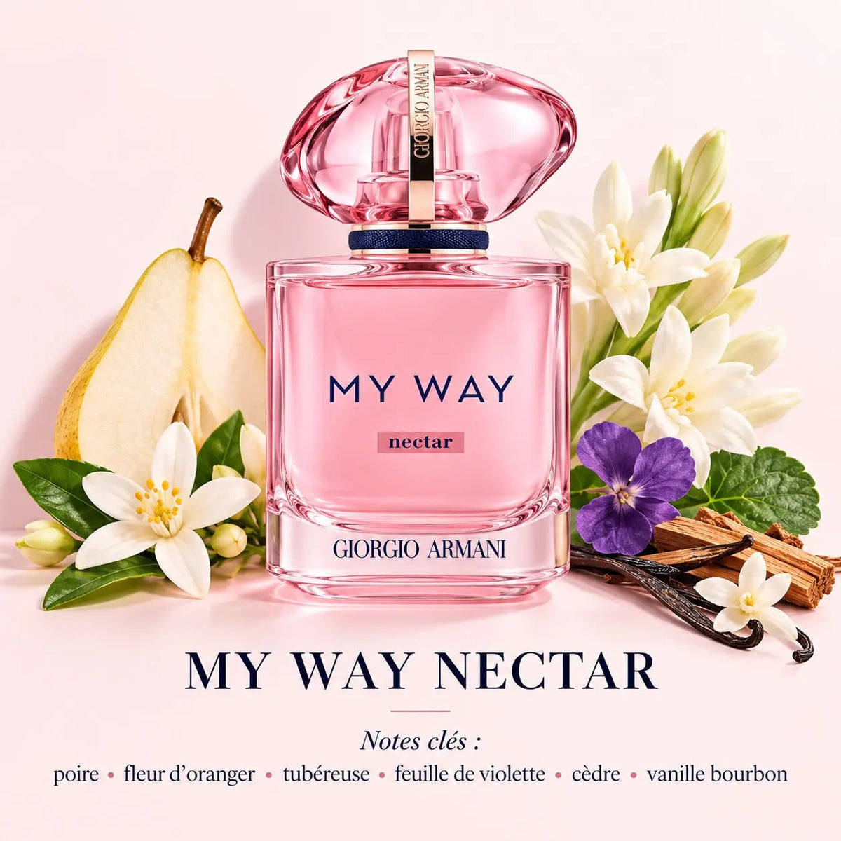 Giorgio Armani My Way Nectar Eau de Parfum Femme 90 ml, flacon rose avec bouchon translucide, notes de poire, fleur d'oranger, tubéreuse, violette, cèdre et vanille Bourbon.