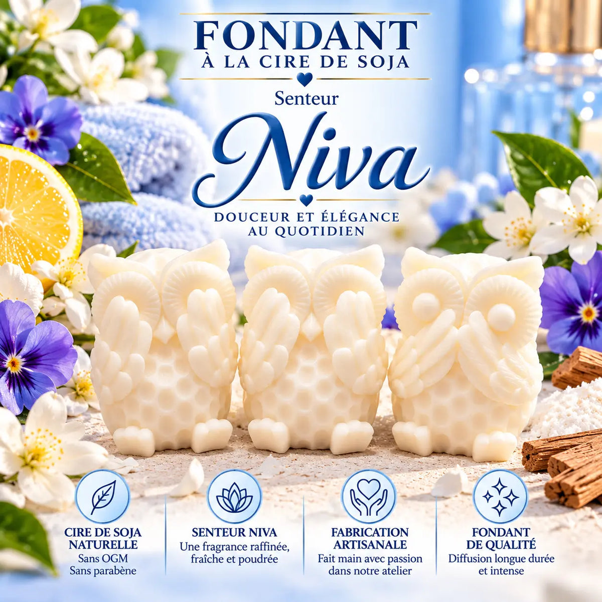 Fondant parfumé Niva en cire de soja – senteur florale et poudrée aux notes de jasmin, violette, musc et santal – La Casa del José