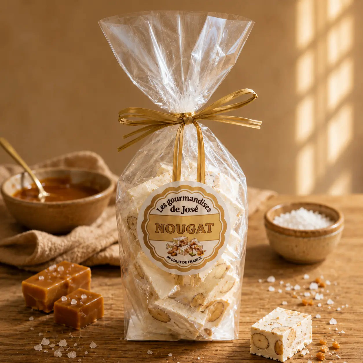 Nougat tendre saveur caramel beurre salé en sachet transparent avec éclats d’amandes, présenté dans une ambiance gourmande avec caramel fondant et cristaux de sel.