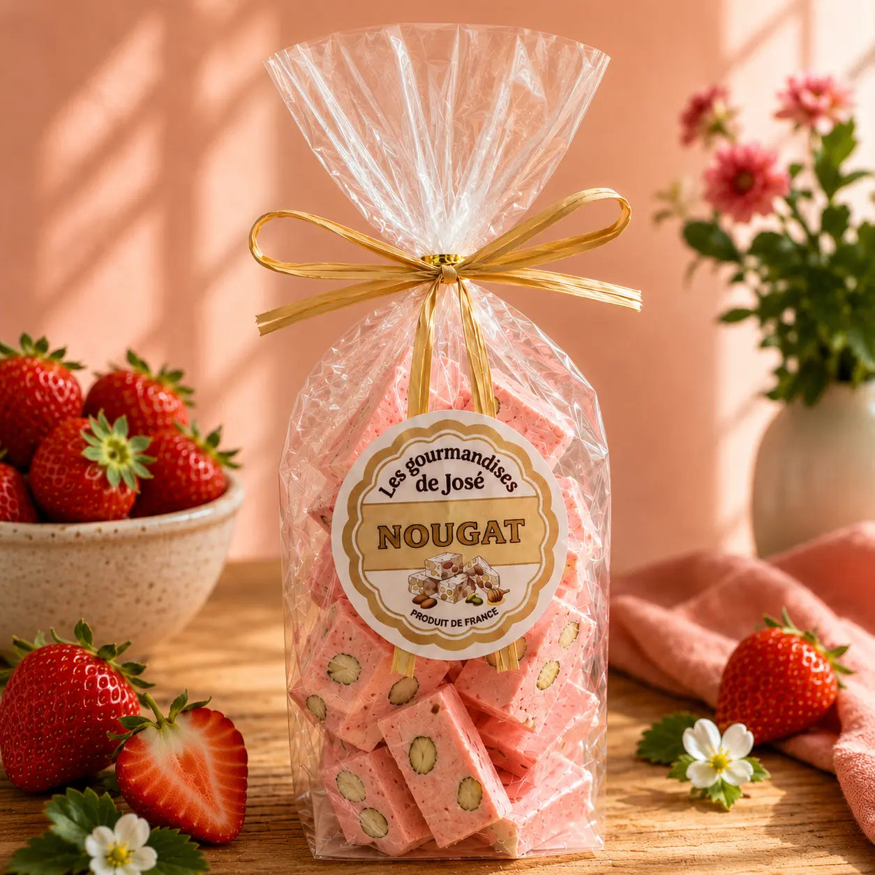 Sachet de nougat tendre saveur fraise avec éclats d’amandes, présenté dans une ambiance gourmande et artisanale avec fraises fraîches et décoration naturelle élégante.
