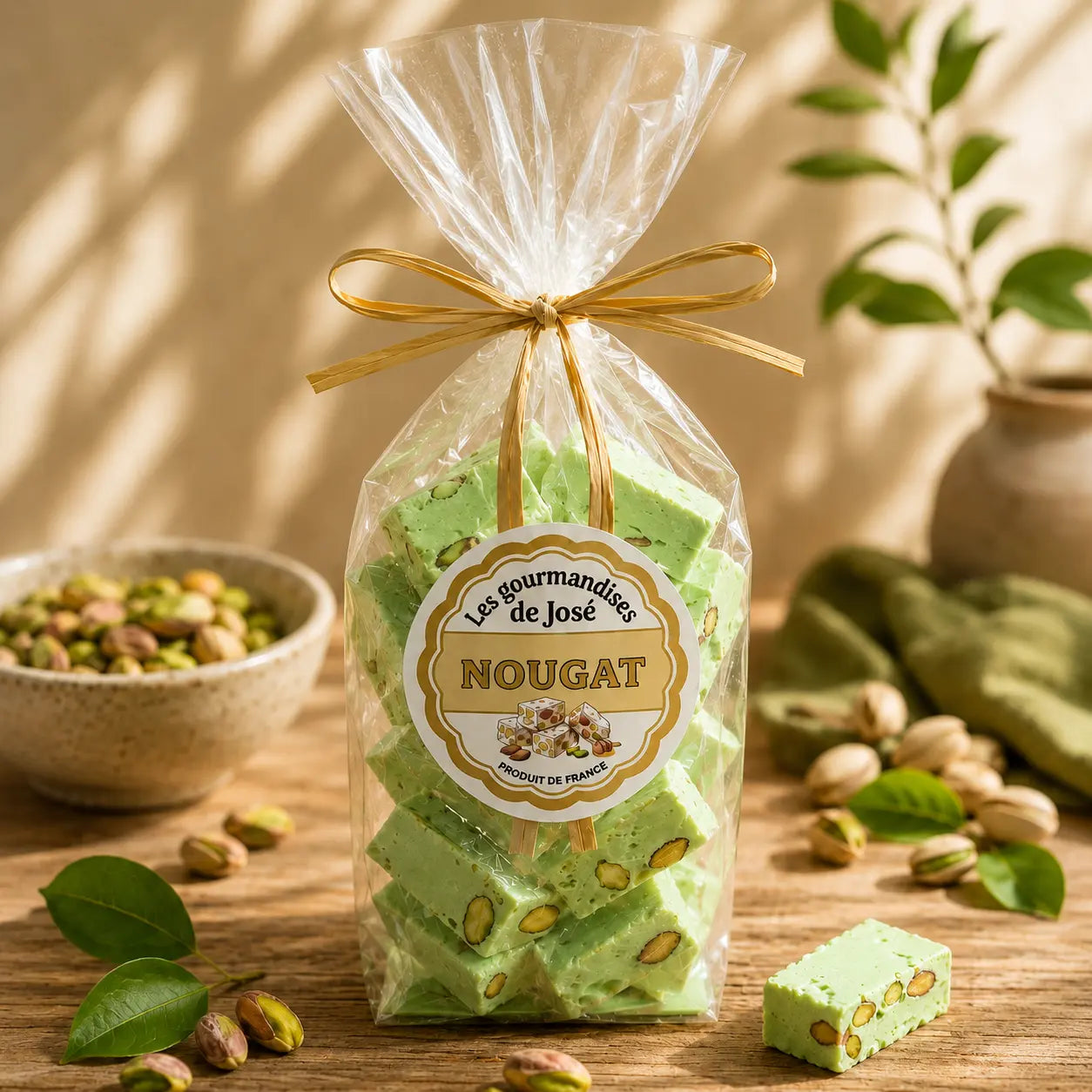 Sachet de nougat tendre saveur pistache avec éclats d’amandes, présenté dans une ambiance gourmande et artisanale avec pistaches et décoration naturelle.