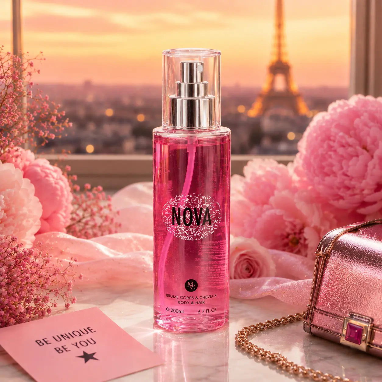 Brume parfumée Nova 200ml corps et cheveux avec ambiance glamour rose, fleurs et décor élégant inspiré d’un parfum féminin fruité floral.
